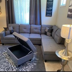 Gray Sectional Sofa Couch With Free Ottoman, Chaise And 2 Pillows 