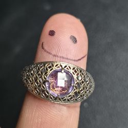 Sterling Silver Art Deco Filigree Dome Ring Purple-Pink Stone Size 9