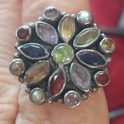 Multi Gemstone Sterling Silver Flower Ring Size 6