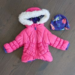 Weathertamer Toddler Girls Winter Puffer Jacket with Beanie - Pink/Purple, 18M