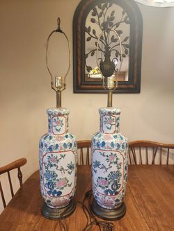 Two Mid-century Vintage Chinese DecorTall Ceramic Lamps