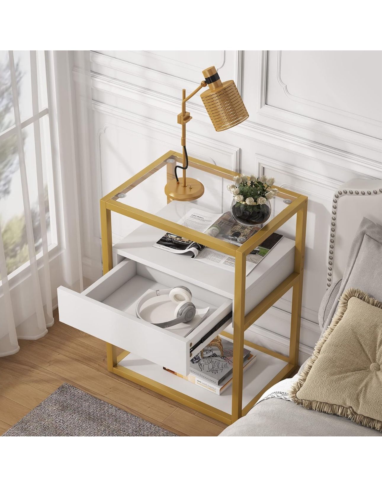 Nightstand Side End Table With Drawer Shelf