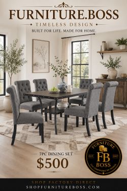 7pc Dining Table Set with 6 Grey Tufted Chairs