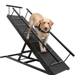 Portable Folding Wooden Dog and Cat Ramp for Couch or Bed, Includes Non-Slip Mat and Safety Side Rails, 64.2 Inches Long and Adjustable Height
