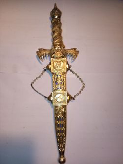 Vintage Brass Blue Dragon 14" Dagger Knife With Stainless Steel Blade and Holding Clip