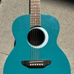 Acoustic Guitar (teal Glitter, Selenite Crystal Moon Phases Ingraved On Handle,tuner 