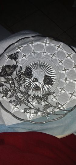 Mid- Century Vintage "Flanders" Sterling Silver  Poppy Diamond Cut  Glass Platter