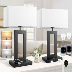 22” Table Lamps Touch Control 3-Way Dimmable A+C USB Charge Ports Black Bedside
