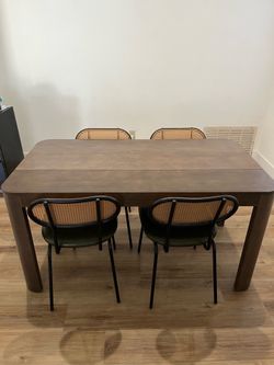Modern Wood Dining Table Set + 4 Cane Back Chairs