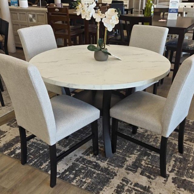 White faux marble top dining table set with 4 chairs 48"Dia. x 30.3"H