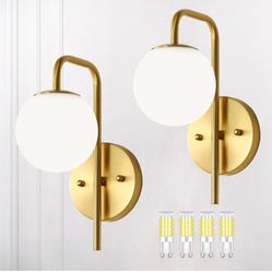 Mid Century Modern Wall Sconces, Gold Wall Sconces Set of 2 with Frosted Glass Globe, Elegant Wall Sconce for Bathroom, Vanity, Living Room (6000K G9 
