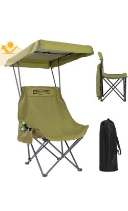 Brand New YOUNG WOOD Folding Camping Chair with Sun Canopy, Oversized Beach Lawn Chair