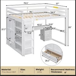 Full Size Loft Bed with  Desk, Wood Loft Bed 