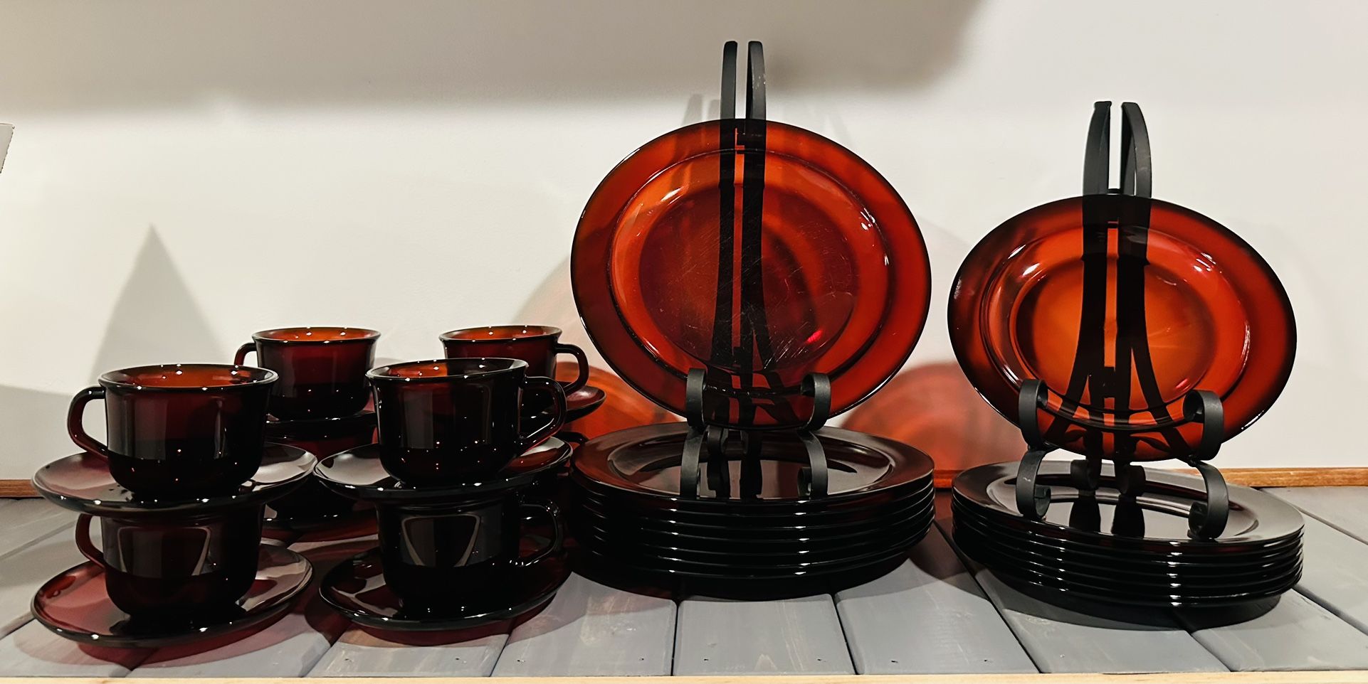 Christmas Dishes Plates Vintage Ruby Red Glass Arcoroc Classique Dishes-32 Pieces