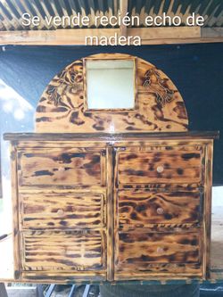 Handmade Wood Dresser with Mirror and Horse Carvings