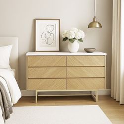 Roomfitters Faux Marble Top Dresser for Bedroom with 6 Drawers, Mid Century Chest of Drawers, Modern Bedroom Dresser (Oak Wood)