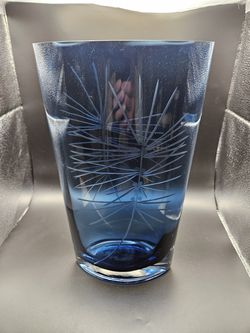 Vintage 12" Cobalt Blue Cut to Clear Crystal Vase - Mid-Century Botanical Tall Grass