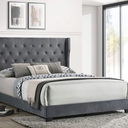Tufted Grey Queen Bed And Mattress