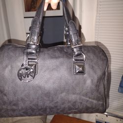 Michael Kors Black Monogram With Silver Hardware Handbag,Dome Shape With Authentication 
