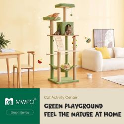 🥨64”H MWPO Green Modern Cat Tree,Large Wood Cat Tower for Indoor Cats, Multi-Level Tall Cat Condo with 2 Padded Perches, Hammock, Scratching Posts