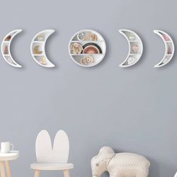 5 Pieces 12.2" Moon Phase Shelf Set - Phases Of The Moon Wall Decor - Crescent White Moon Shelf For Crystals - Moon Phase Wall Decor Crystal Shelf Dis