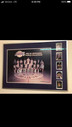 LA lakers vintage poster and players trading cards framed