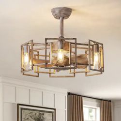 23" Rustic Chandelier Ceiling Fan with Light,Enclosed Caged Ceiling Fan with Light Remote Control,6 Speeds Fandelier for Living room, Bedroom Dinning 