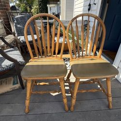 Solid Oak And Leather Chairs Set Of 2