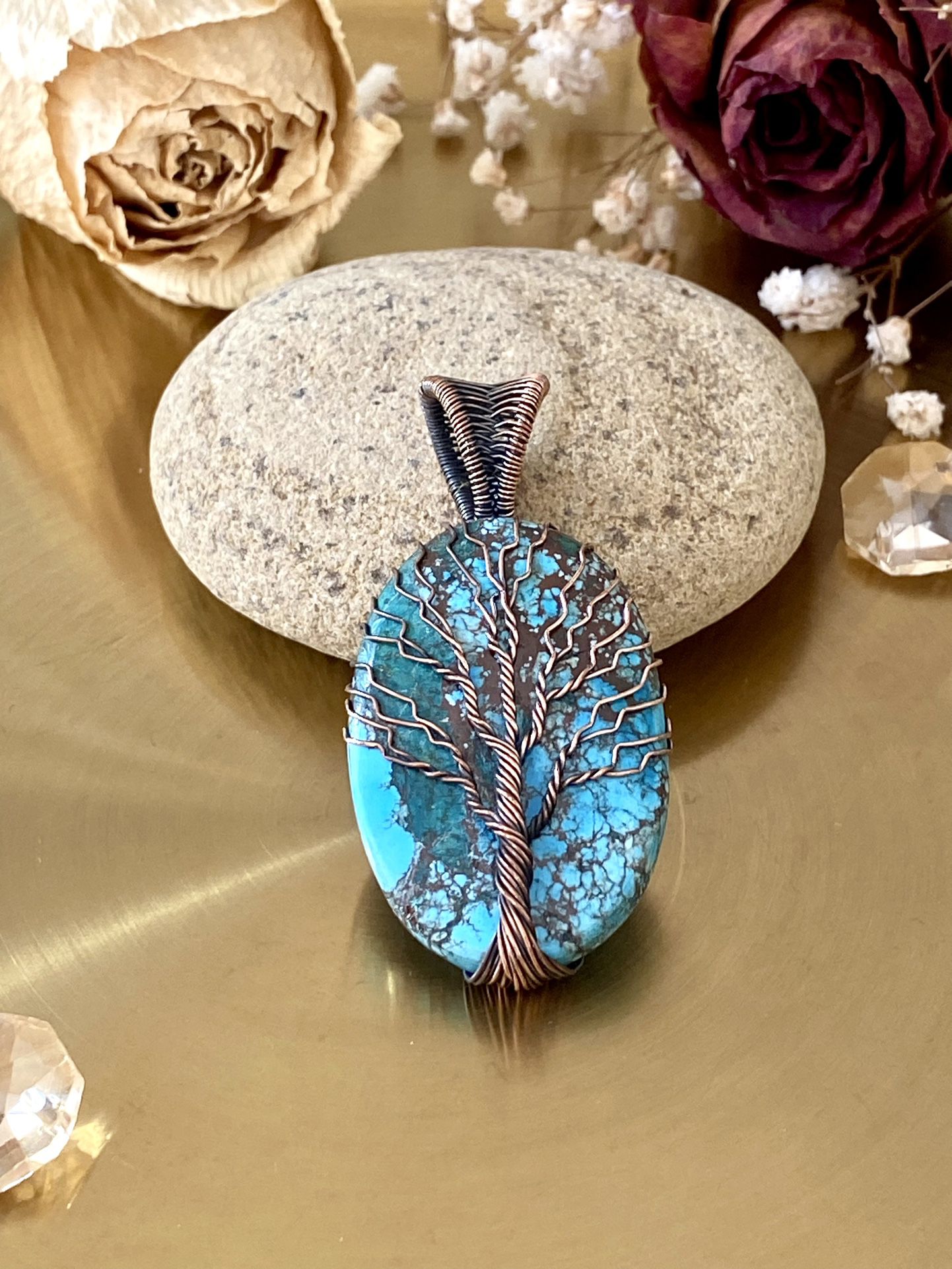 Natural Turquoise Tree Of Life Copper Wire Wrapped Pendant
