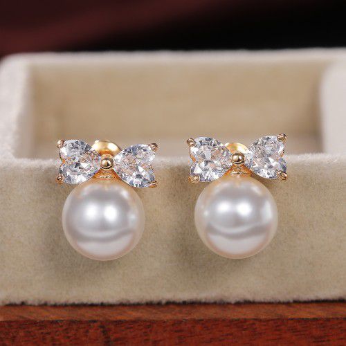14K Gold Plated Sweet Pearl CZ Dangle Earrings for Women, MARR9311
  