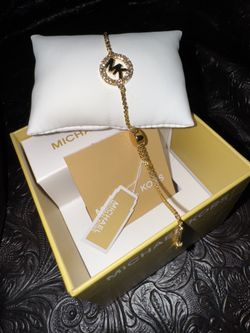 Michael Kors Gold Tone Plated Brass MK Logo & Crystal Pave Bracelet NWT & Box