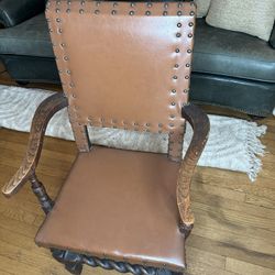 Vintage Wood Accent Chair — Leather Seat, Sturdy & Stylish