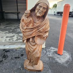 Large 3ft Hand-Carved Wooden Statue – Mother & Child Folk Art Sculpture