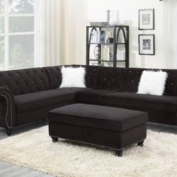 Brand New Black Velvet Upscale Sectional Sofa (Ottoman Sold Separately)