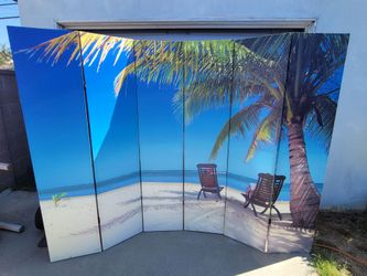 Large 6-Panel Folding Room Divider – Double-Sided Beach Design – $40