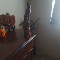 Hand Carved Witch Halloween Decoration