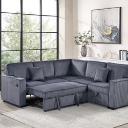 Brand New Comfy Corduroy Lined Pullout Sectional Set 