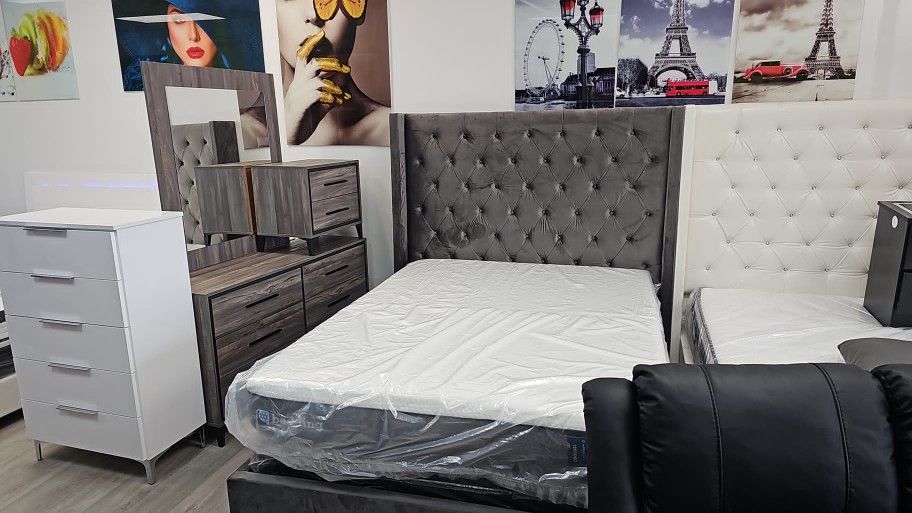 Bed Frame Queen, Dresser With Mirror And Two Nightstands ✨ Financing Available