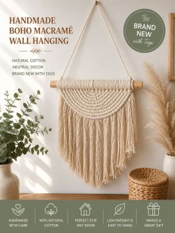 Boho Macramé Wall Hanging | Natural Cotton Fringe Decor | Neutral Farmhouse Wall Art | Minimalist Woven Tapestry | Brand New With Tags
