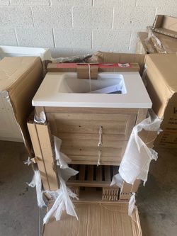 Home Decorators Collection Autumn 24 in. Single Sink Freestanding Weathered Tan Bath Vanity with White Engineered Stone Top (Assembled)