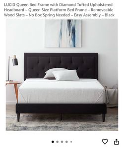 LUCID Queen Bed Frame with Diamond Tufted Upholstered Headboard – Queen Size Platform Bed Frame – Removeable Wood Slats – No Box Spring Needed – Easy 