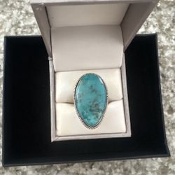 Genuine Turquoise & Sterling Silver 925 Oval Statement Ring – Southwestern Style