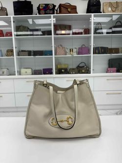 GUCCI Horsebit Leather Tote Bag Beige