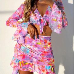 XS Floral Sheer Cover Up Skirt Set 
