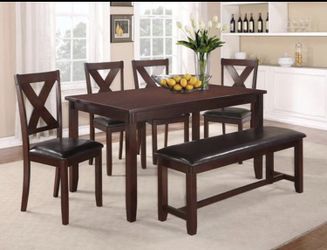 7 PCS ESPRESSO DINING TABLE SET WITH 4 CHAIRS & BENCH INCLUDED