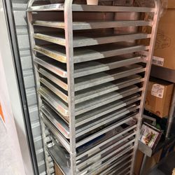 Commercial Aluminum Rack with Pans on wheels 