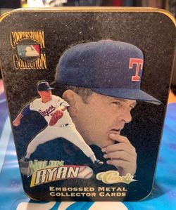 1995 Classic "Cooperstown Collection" Nolan Ryan set features five embossed metal collector cards housed in a decorative tin.