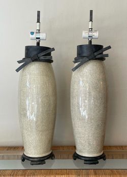 Vintage 1960s Mid Century Crackled Glazed Ceramic Asian Lamps in the Manner of James Mont