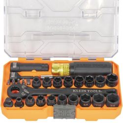 Klein Tools 65400KNECT KNECT Essential Pass Through Impact Socket Set, SAE and Metric, 90-Tooth Ratchet, MODbox Case, 3/8-Inch Drive, 28-Piece

