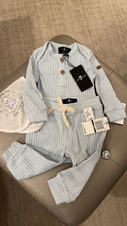 Brand New With Tags For All Mankind Brand Softest Cotton  Baby Boy Light Blue Playware Set - Onesie | Pants | Bib